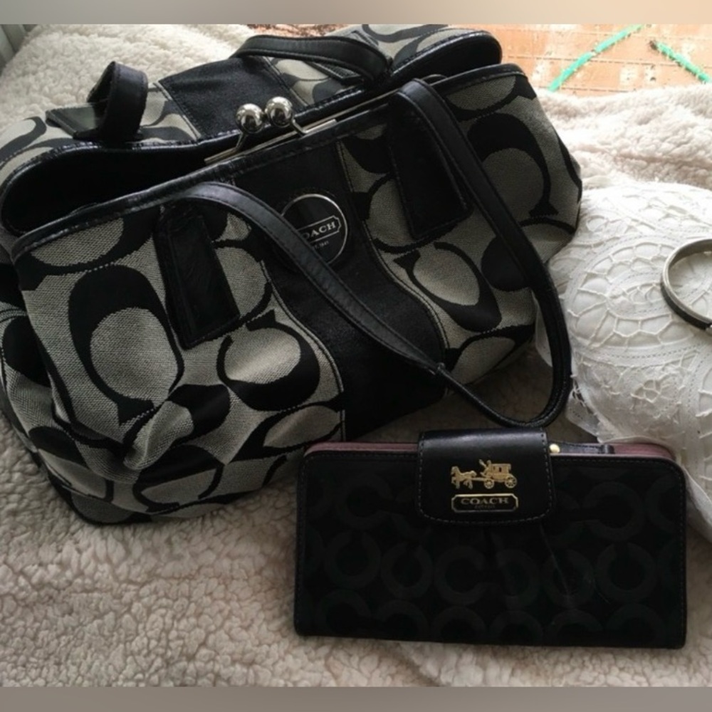 Coach Signature Stripe Kisslock Satchel & Wallet combo